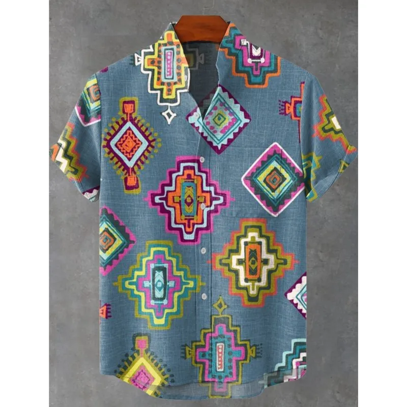2025 Men's Summer Ancient Tribe Totem Printed Linen Short Sleeve Shirt Comfortable Casual Button Top Suitable For Street Wearing