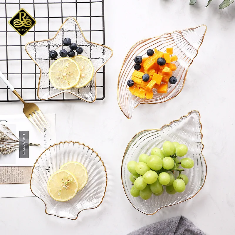 Ocean Glass Plate Irregular Meal Plate Dessert Salad Plate Dried Fruit Snack Decoration Sea Snail Sea Star Shell Plate