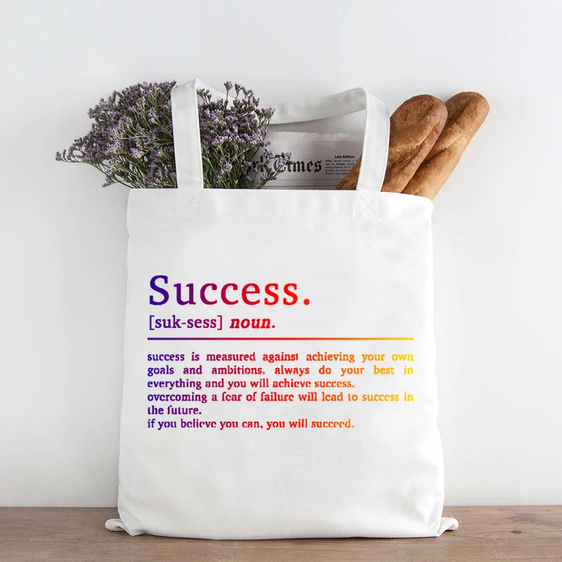 Success Definition Canvas Bag Inspirational Quotes Prints Shopping Bags Letter Motivational Bag Tote Eco Friendly Products XL