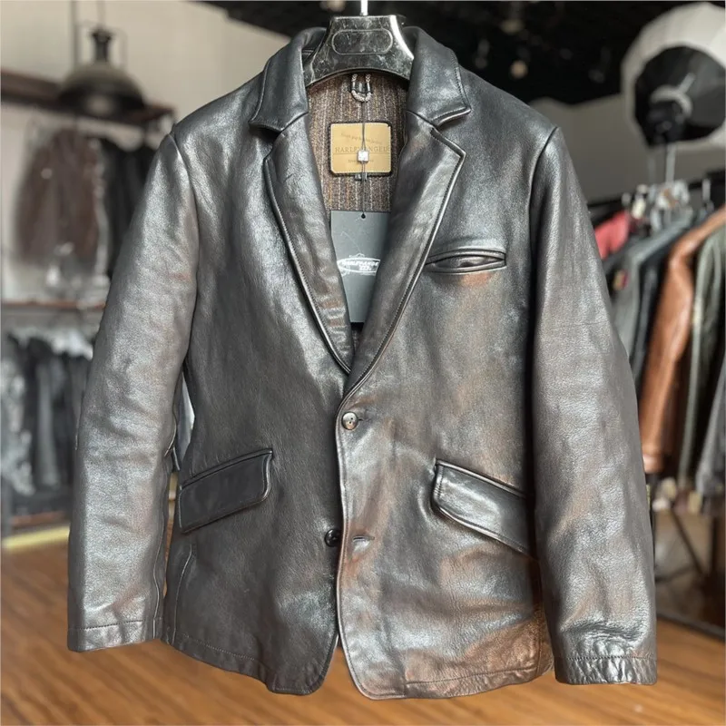 Casual all-vegetable-tanned leather men's suit collar motorcycle pleated