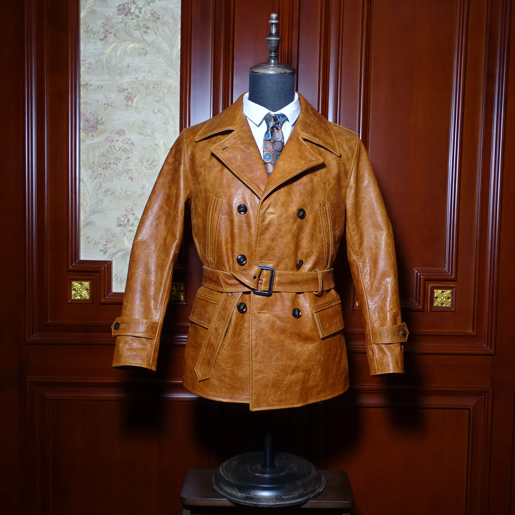 

Luxury horseskin jacket short trench coat Japanese horseskin with whip marks men's casual short slim leather jacket