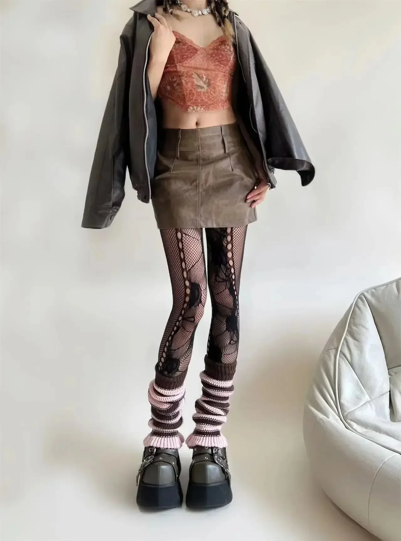 Y2K Floral Jacquard Sexy Stockings Women Gothic Punk Fishnet Hollow Floral Thigh High Pantyhose Irregular Rose Holes Mesh Tights