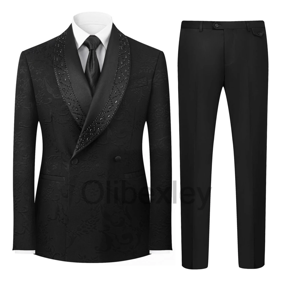 Olibexley Mens 2 Pieces Suit Slim Fit Shawl Lapel Shiny Rhinestone Blazer Jacket Pants Set for Prom Party Dinner Customized S374