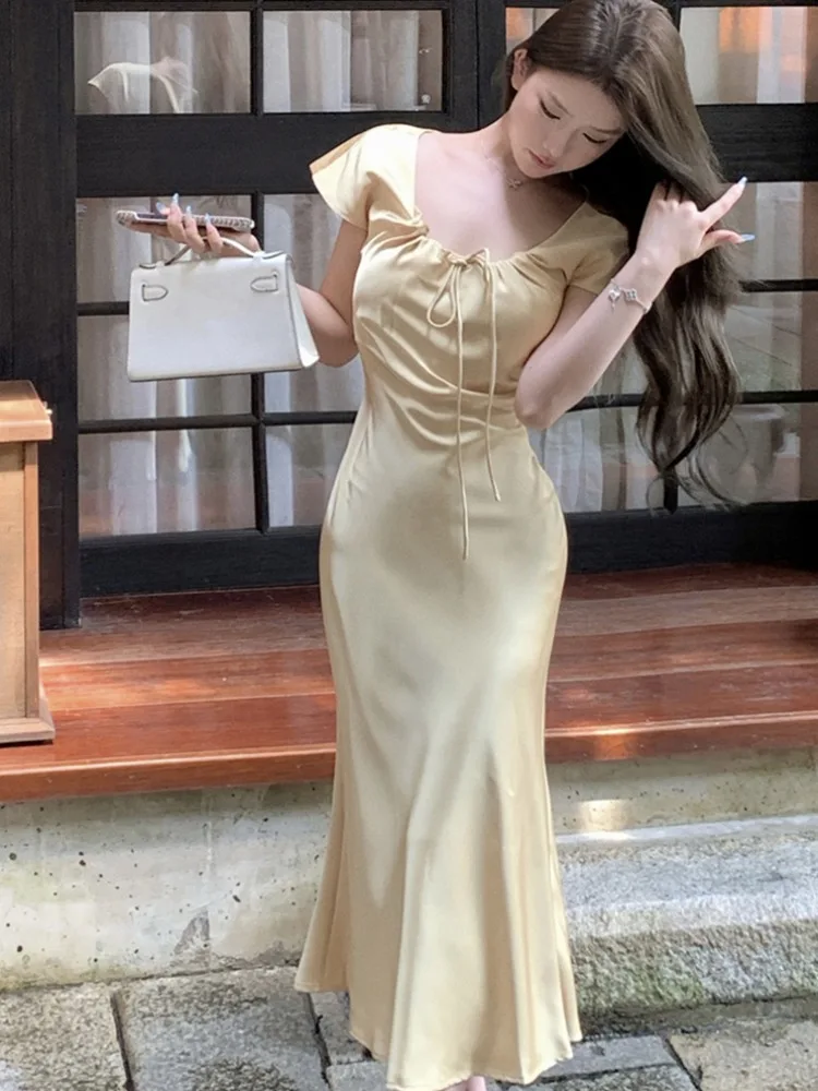 

Retro Sexy Short Sleeve Drawstring Waist Slimming Dress Summer New Style Slim Satin Fish Tail Long Dress Women High Waist