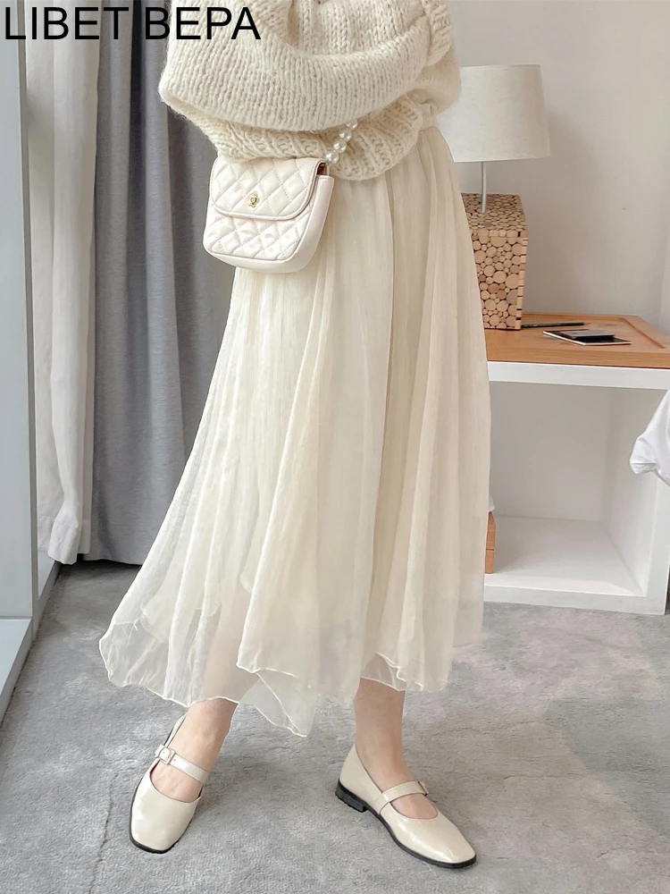 

New 2022 Fairycore Mesh Sweet Pleated Tulle Flared Irregular Elegant Vintage High Waist Spring Summer Women Long Skirts SK1622