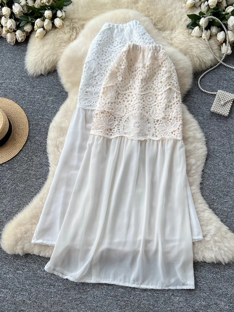 Boho Vantage Knitted Hollow Hook Flower Mesh Splicing A-line Skirt Summer Women' Skirts New Skinny Elastic High Waist Maxi Skirt