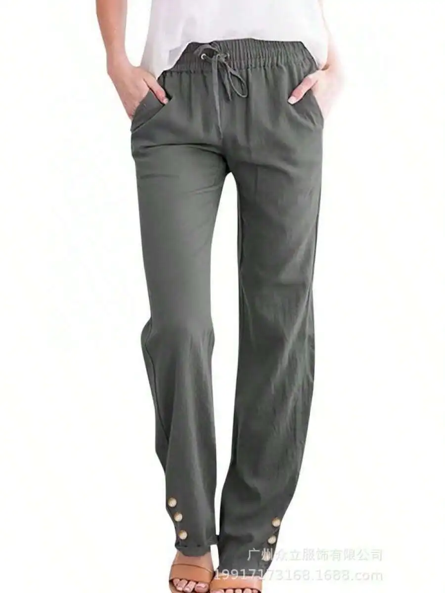 

Spring Summer Solid Cotton Linen Loose Drawstring Button Wide Leg Casual Trousers For Women