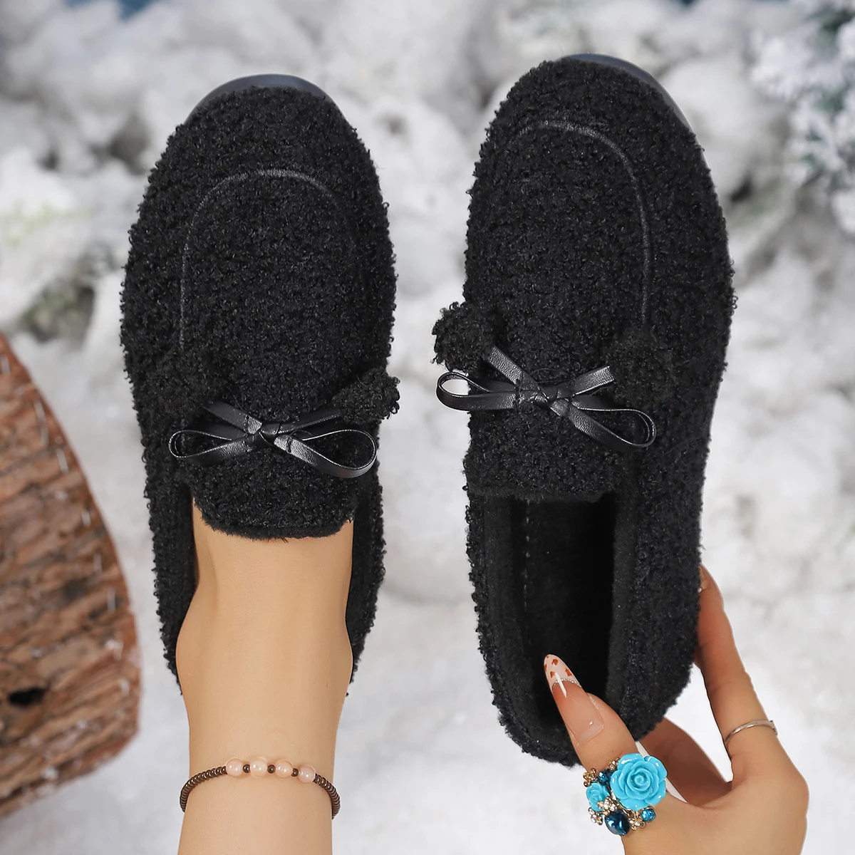 Women Winter Fluffy Loafers Bow Pom‑pom Slip‑on Fur Boots Snow Boots Warm Fleece Lined Non‑Slip Moccasin 2026 Trend Daily Wear view 6