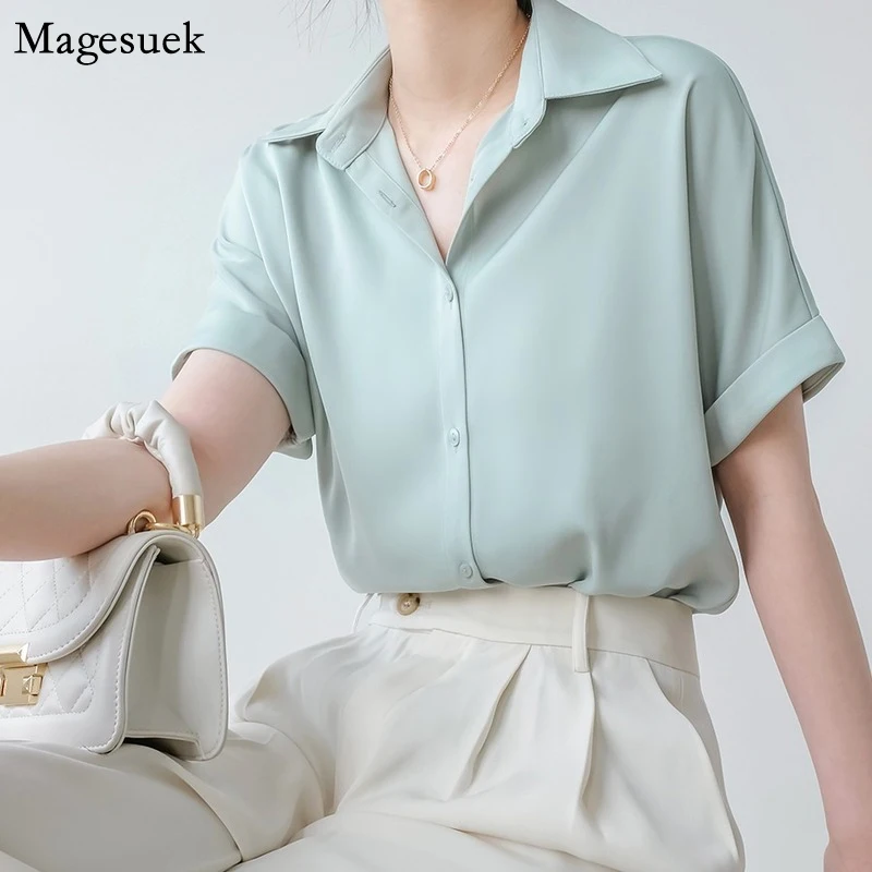 

Casual Short Sleeve Women's Shirt Summer 2022 Fashion Solid Loose Satin Blouse Tops Office Lady Blusas Silk Button Shirts 21890