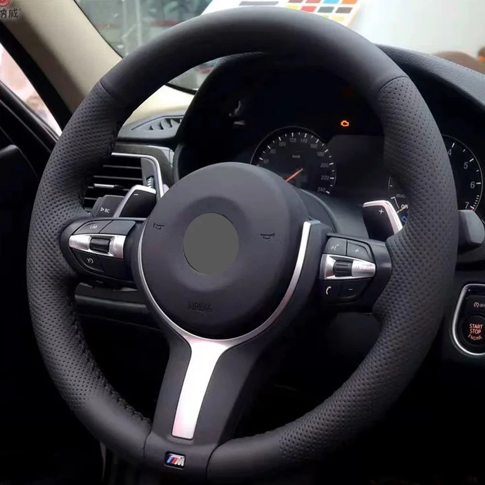 APPDEE Black Genuine Leather Car Steering Wheel Cover for BMW M Sport F30 F31 F34 F10 F11 F07 X1 X2 X3 F25 F32 F33 F36 F48 F39