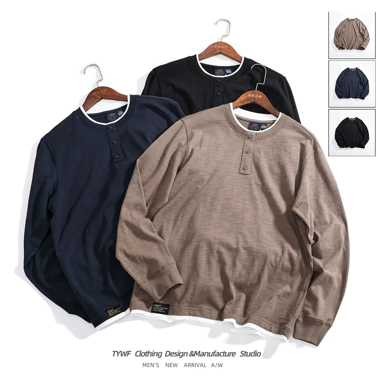 2026 Autumn New American Retro Fake Two Pieces Bamboo Fiber Cotton Long-sleeved Henry Collar T-shirt Men's Fashion Casual Tops