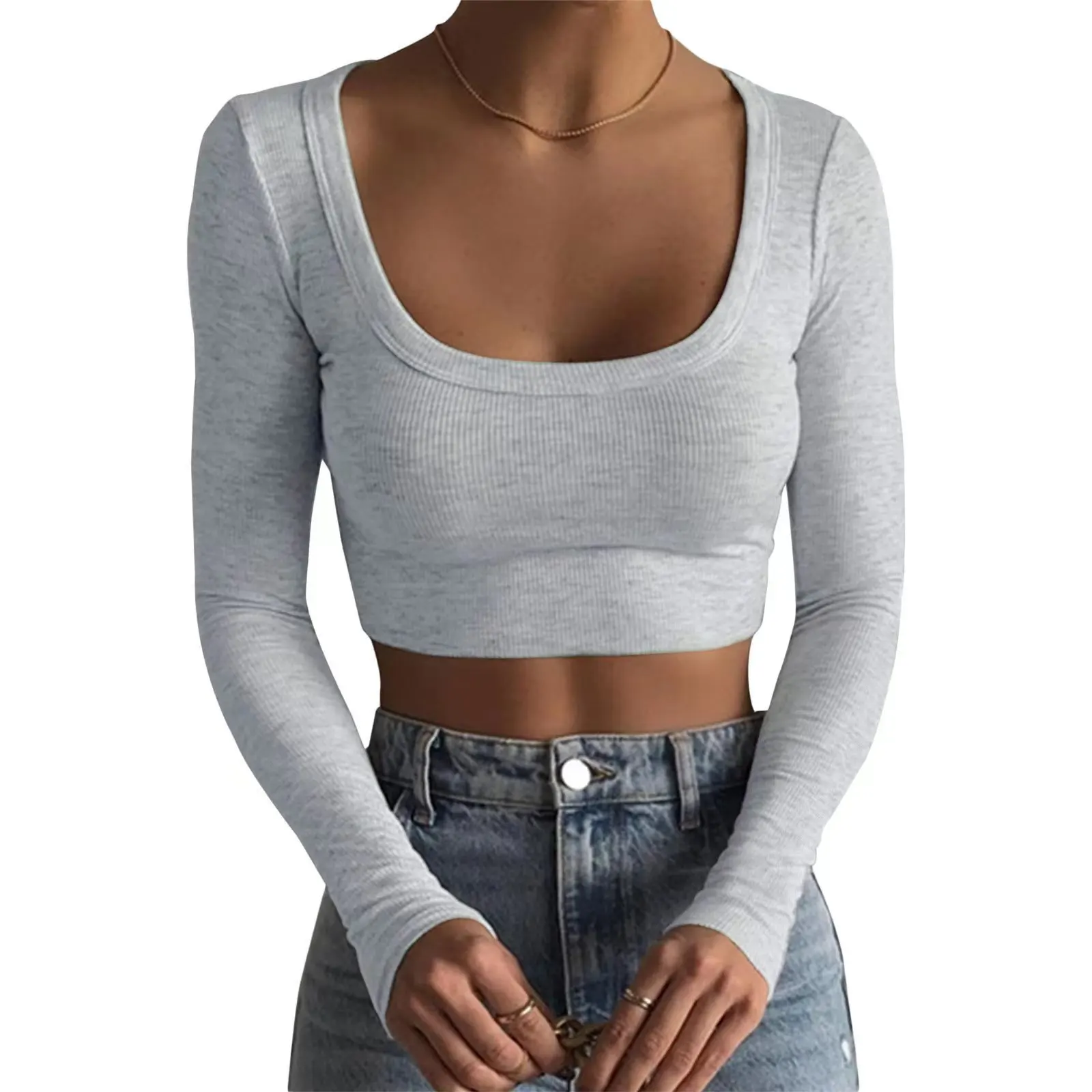 

Women's Sexy Long Sleeve Crop Tops 2025 - Basic Crew Neck Slim Fitted Fall Cropped Shirts