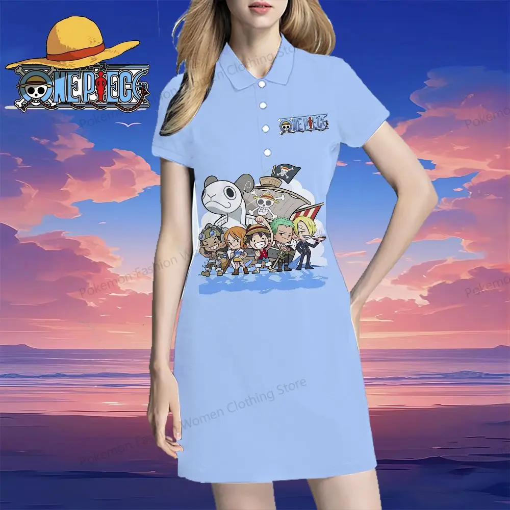 Luffy Women's Polo Shirt Dresses One Piece Summer One-piece Dress Y2k V Neck S-2XL Youthful Woman Clothes Kawaii 2024 Fashion