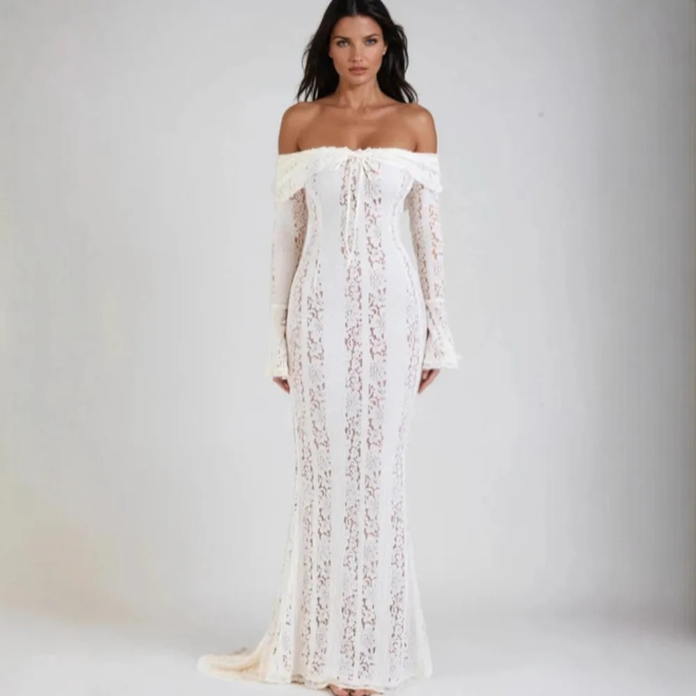 빈티지 홀로우 아웃 플로럴 레이스 오프숄더 맥시 드레스 여성 패션 플레어 슬림 드레스 우아한 여성 파티 드레스