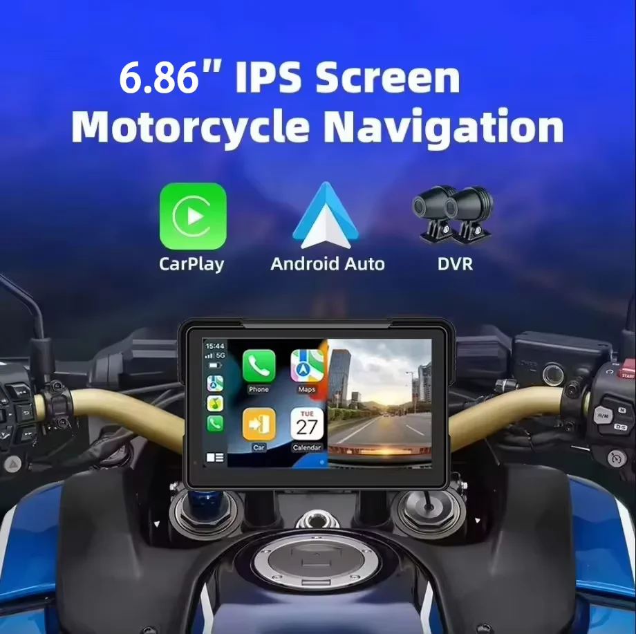 For Motorcycle 6.86'' Touch Screen Waterproof Wireless Carplay Android Auto With GPS TMPS Anti-shake Night Version Cameras Video