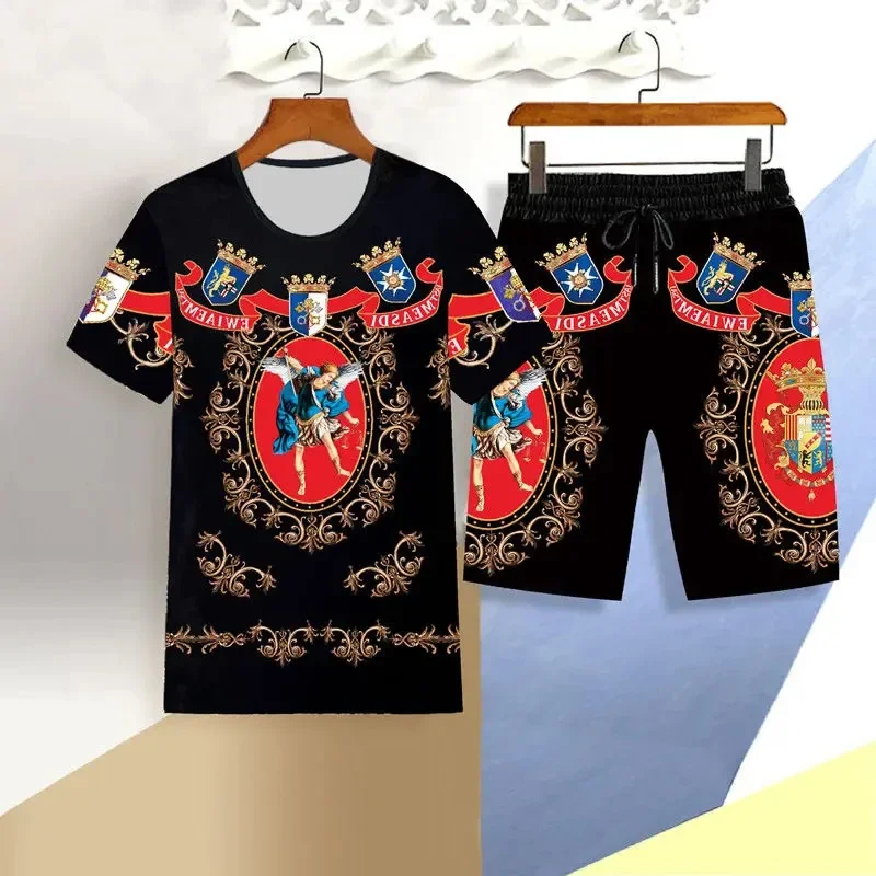2025 New 3D Dragon Pattern Summer Men's Beach Short Sleeved Shorts Set Men's Clothing T-shirt 2-piece Set Round Neck Sport