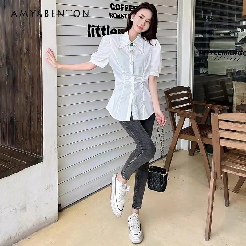 French Temperament Heavy Industry Beads Diamond Blouse Women 2024 Spring New Solid Color Pleated Puff Sleeve Slimming Shirts