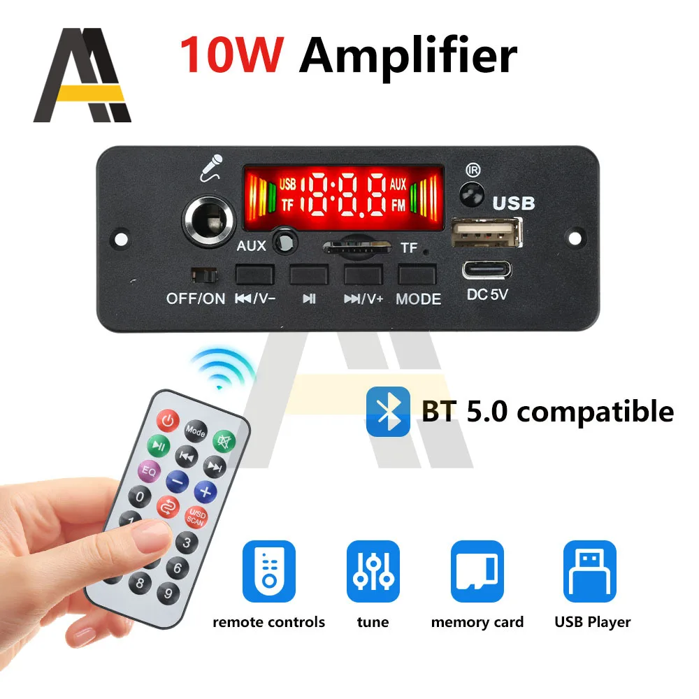 10 ワットデジタルアンプ MP3 デコーダボード DC 5V Bluetooth 5.0 FM サポートマイク車 MP3 プレーヤーリモコン付き