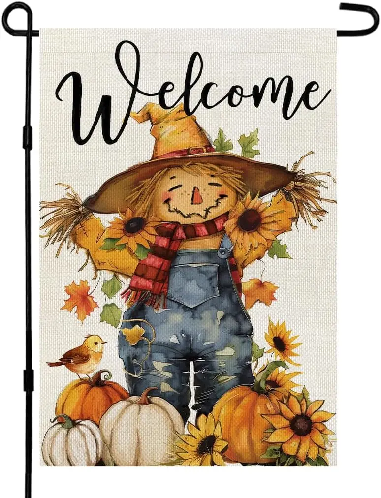 Fall Thanksgiving Scarecrow Garden Flag 12x18 Inch | Weather resistant, double-sided small yard flag. Features scarecrow pum PPZ