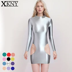 XClocKNYoung satin glossy dress high neck long sleeve skirt one step skirt elastic silk tight fitting skirt Oil hollow out dress