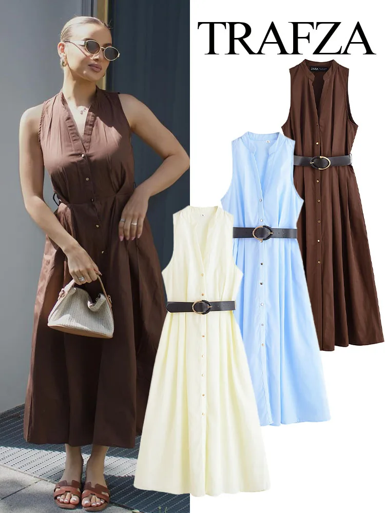 

HH Women's Summer Fashion With Belt Single-breasted Dress Female Sexy Elegant Pockets Pleated Decorate Sleeveless Midi Dress