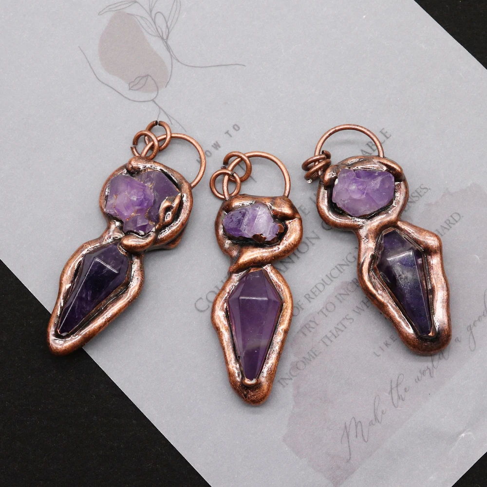

Vintage Natural Amethyst Stone Pendants Copper Irregular Shape Crystal Necklace Charms for Women DIY Jewelry Making Accessories