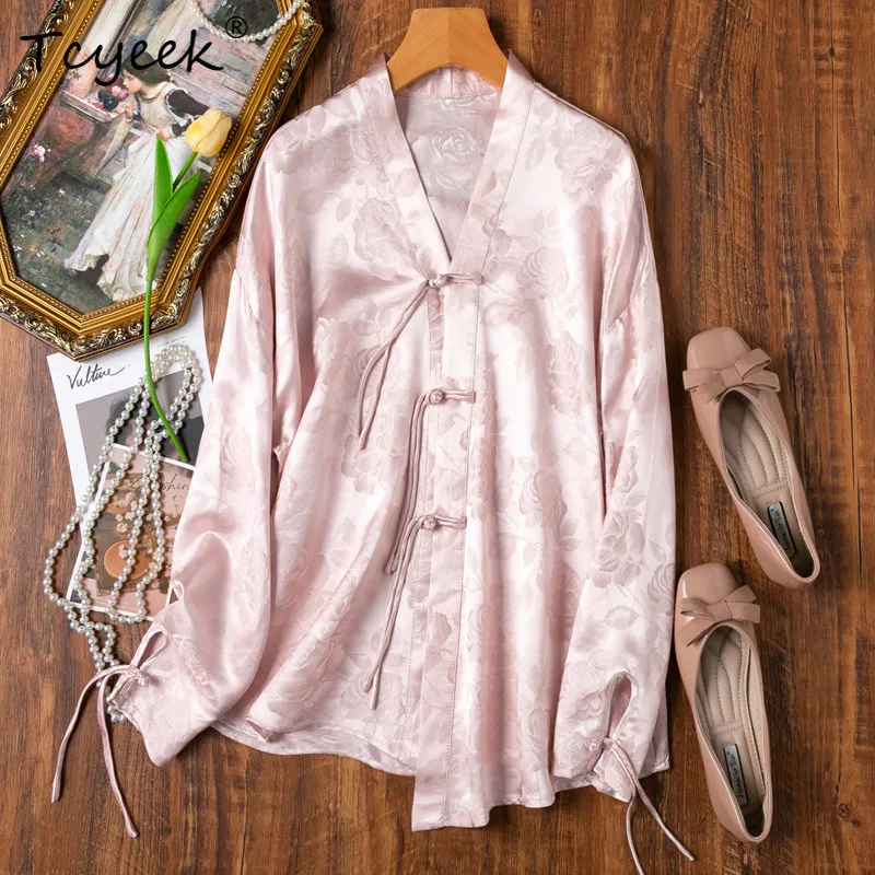 Tcyeek 100% Real Mulberry Silk Woman Tops 32MM Silk Female Clothing 2026 Spring Pink Exquisite Irregular Hemmed Shirt Ropa Mujer