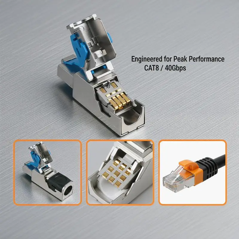 

RJ45 Cat8 Cat7 Cat6A Metal Tool Free Connector 2000MHz 40G Reusable Ethernet Plug for 22-24AWG LAN Cable