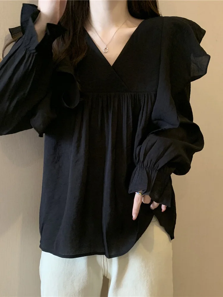 Stylish Flare Sleeve Spliced Ruffles Blouse Female Clothing 2023 Autumn New Oversized Casual Pullovers All - match Sweet Shirt