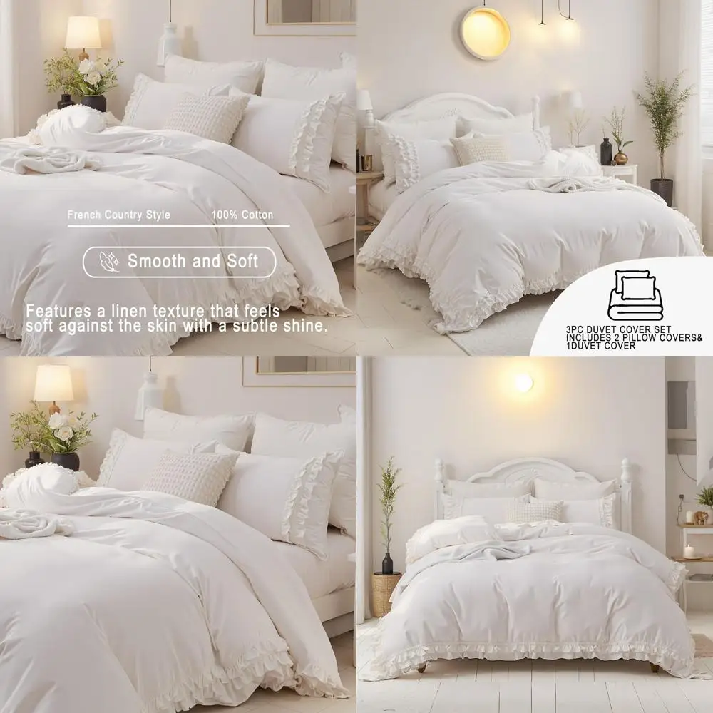 مجموعة غطاء لحاف مكشكش من القطن بحجم كوين - سرير أبيض أنيق على طراز المزرعة مع لحاف لطيف