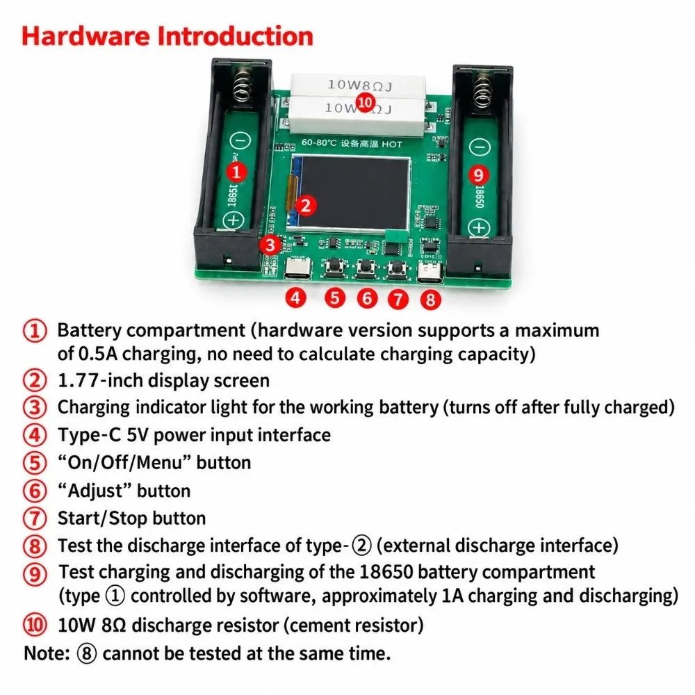 Adjustable Discharge Modes Battery Capacity Tester Type-C Interface DC 5V Input Internal Resistance Tester