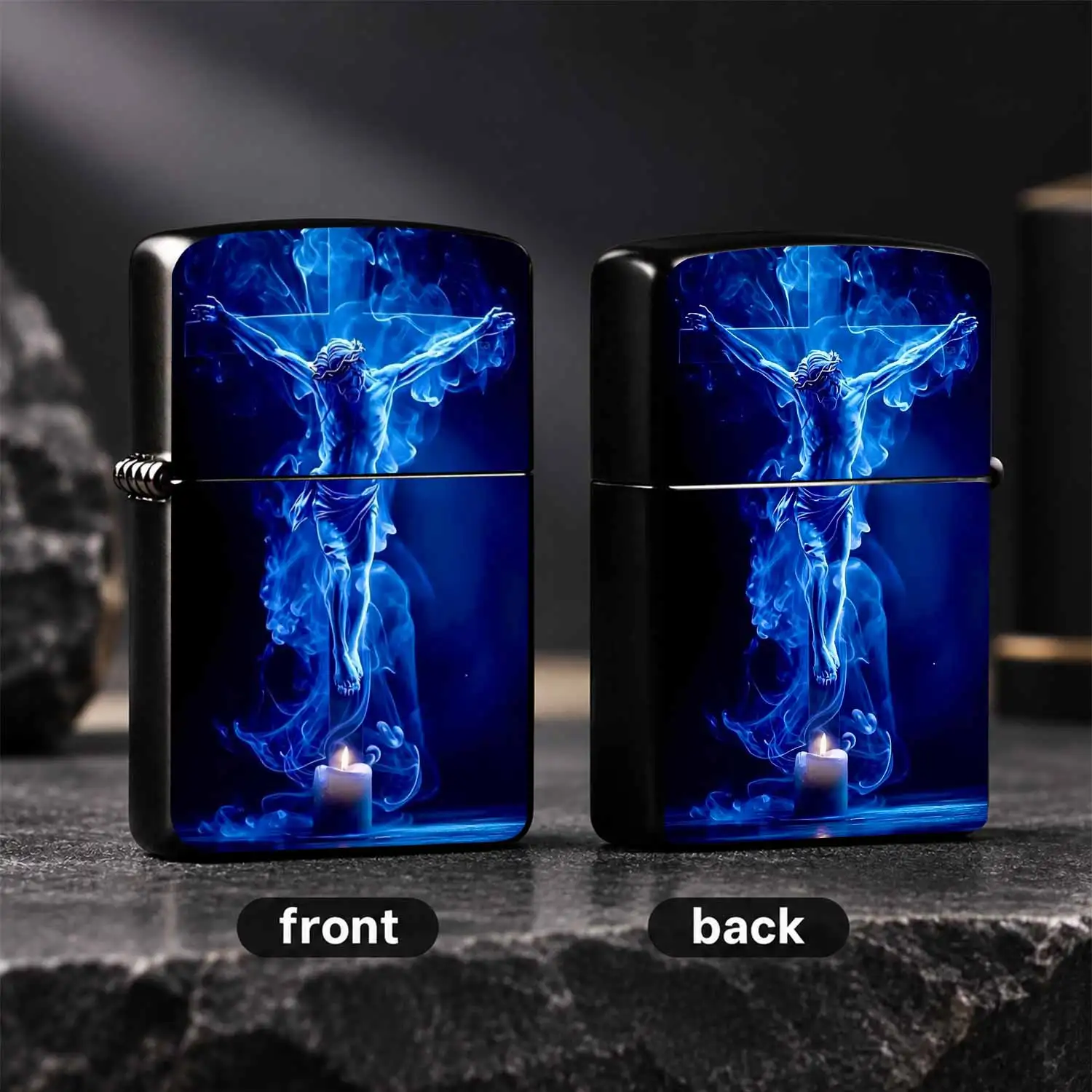 Creative Blue Glow Jesus Cross Pattern Lighter Artistic Smoky Sacred Style Portable Ignition Device Ideal For Daily Use Outdoor Activities Thoughtful Holiday Birthday Gift For Faith Believers Practical Multi Scene Reliable Ignition Tool A H