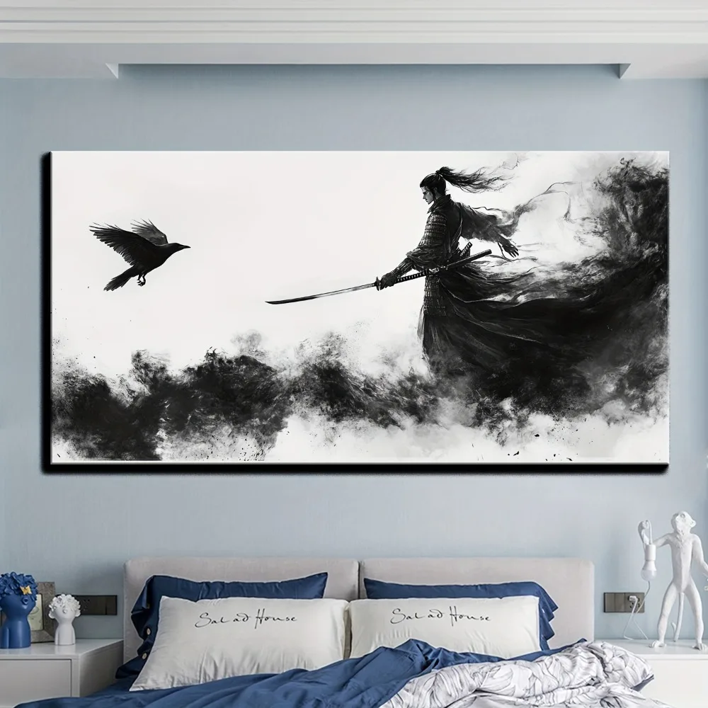 1 لوحة فنية جدارية رائعة على شكل الساموراي الياباني مطبوعة بشكل مذهل باللونين الأبيض والأسود، إطار من خشب الصنوبر الصلب بسمك 1.5 بوصة