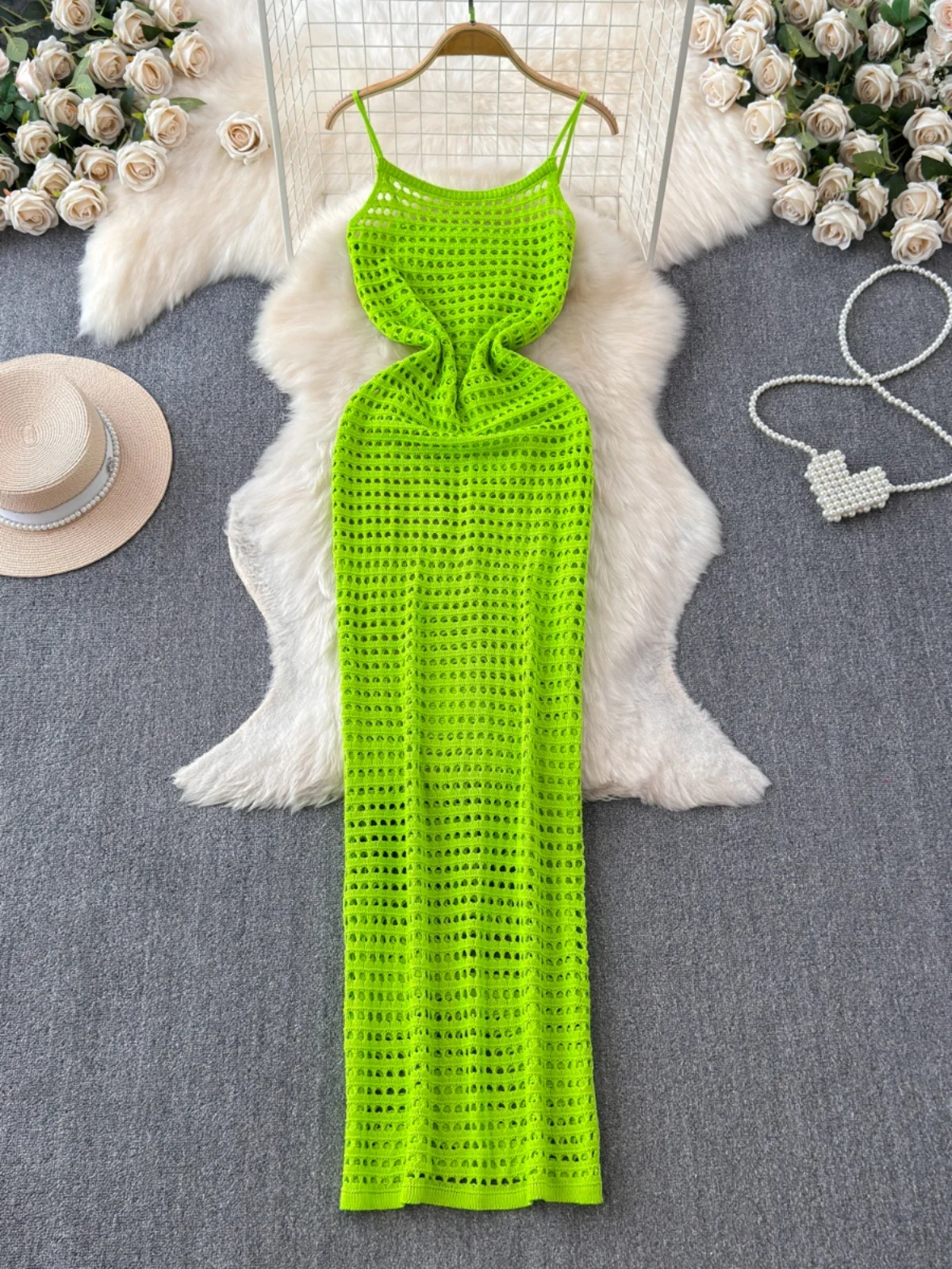 n Sle tricoté taille haute minceur plage Dr femmes été Vaion évider Bal sangle longue Dr