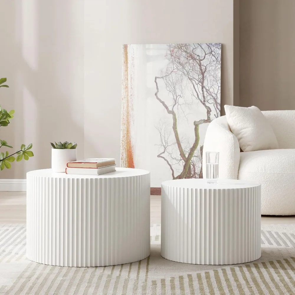 طقم طاولة قهوة دائرية حديثة، طاولات جانبية متداخلة مكونة من قطعتين لغرفة المعيشة، لمسة نهائية من MDF #6