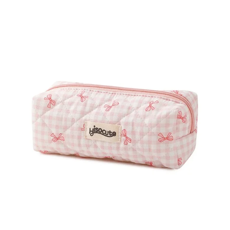 Estuche de lápices coreano dulce y elegante para estudiantes, bolsa de lápices a cuadros con lazo Kawaii, Mini soporte de papelería portátil, suministros escolares lindos