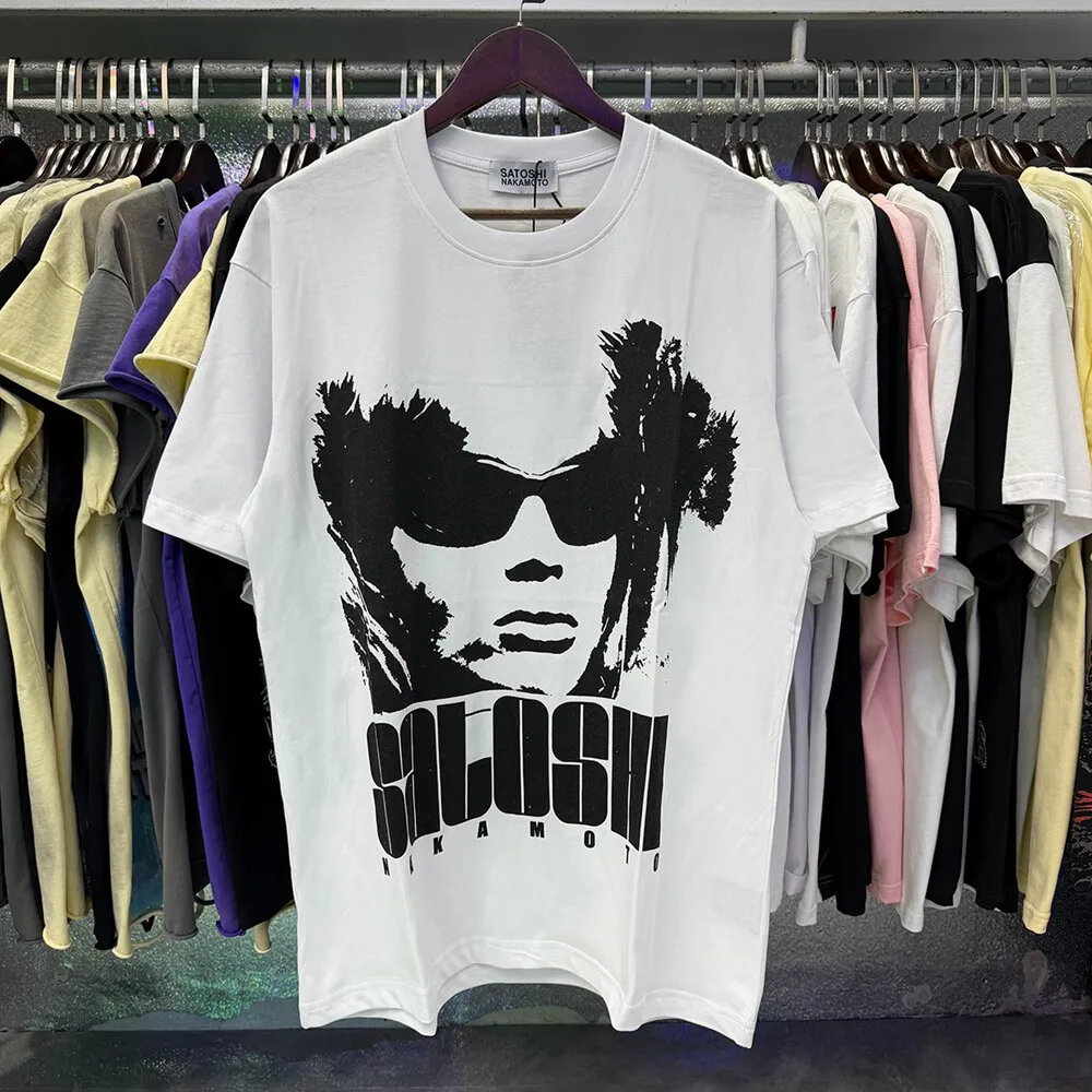 Satoshi Nakamoto American retro brand diamond-studded letter-hole distressed washed vintage loose short-sleeved T-shirt