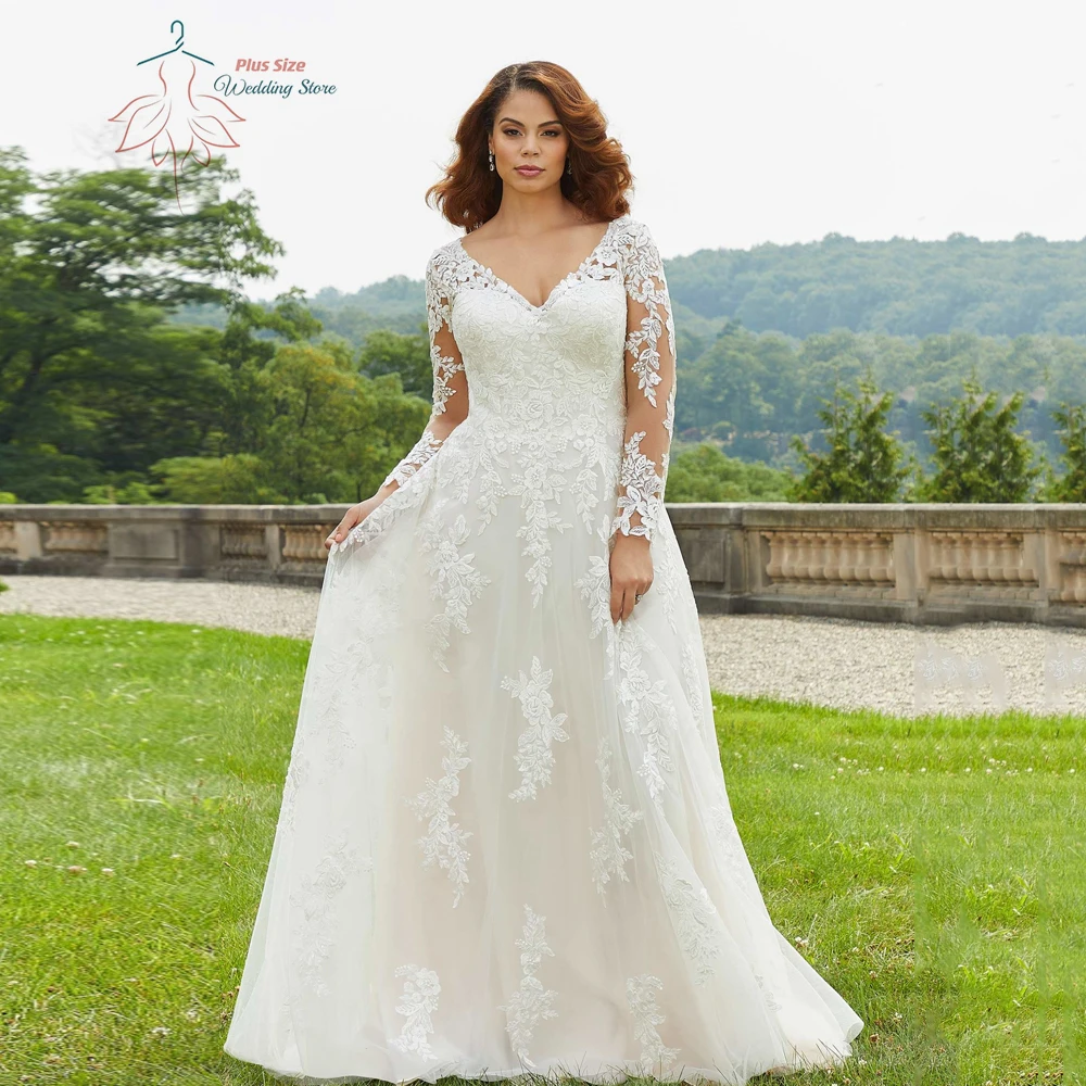 Elegant Wedding Dresses Plus Size V Neck Long Sleeves Bride Gowns Appliques Sweep Train Wedding Gowns A-Line Vestido De Noiva