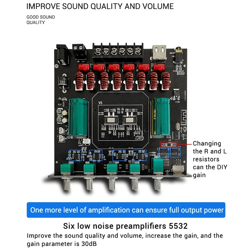 TPA3251D2 Bluetooth 5.0 2.1 Channel Power Audio Stereo Subwoofer Amplifier Board 220Wx2+350W TREBLE Low Tone AMP ZK-AS21