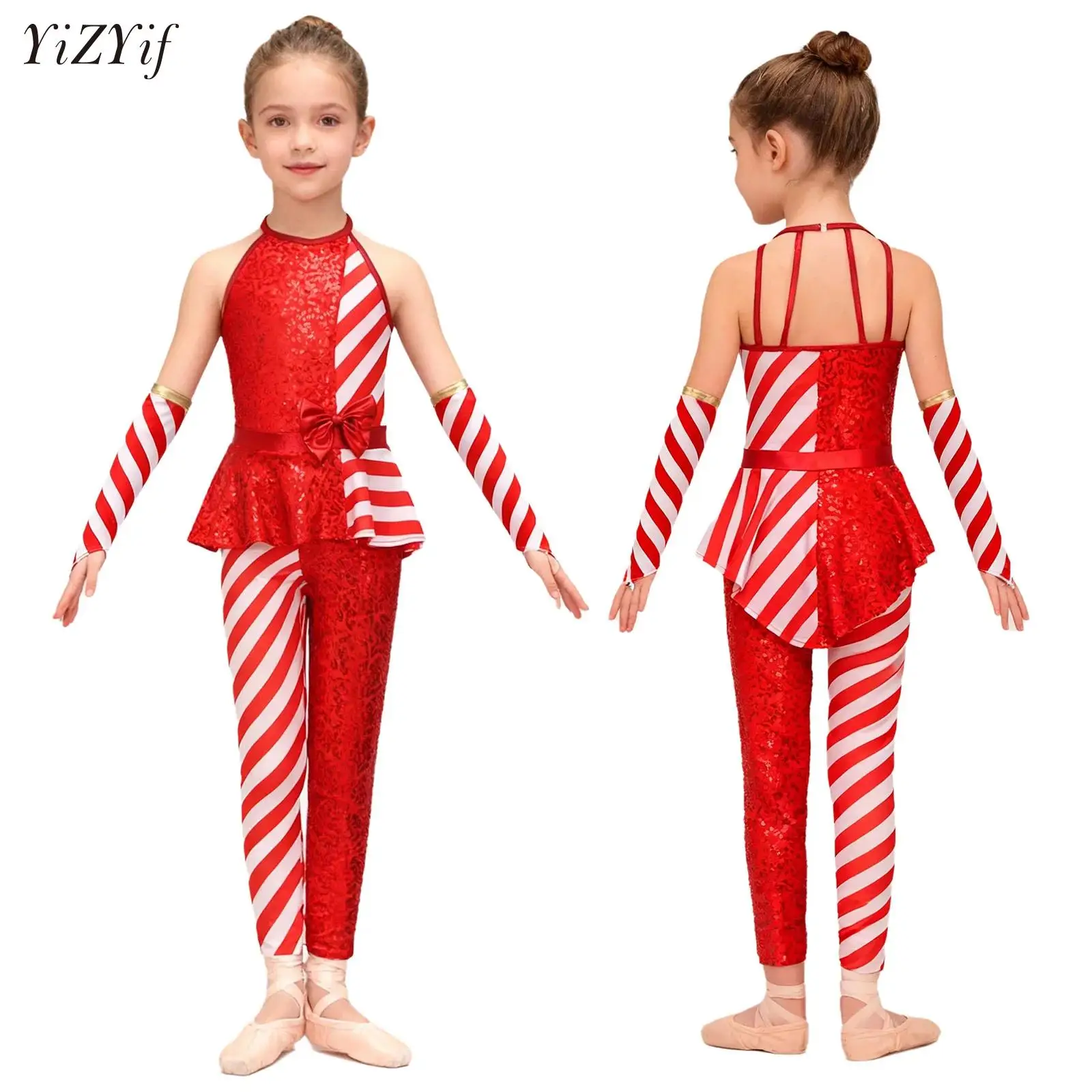

Girls Kids Christmas Candy Cane Jumpsuit Striped Sequin Unitard+Oversleeves Set Gymnastics Ballet Dance Bodysuit Party Dancewear