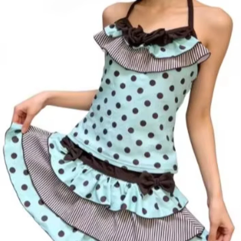 Pink CONTRAST COLOR Y2K Summer Sweet Cute Retro Printed Vest Harajuku Bow Polka Dot High Street Fashion Casual Street Clothes