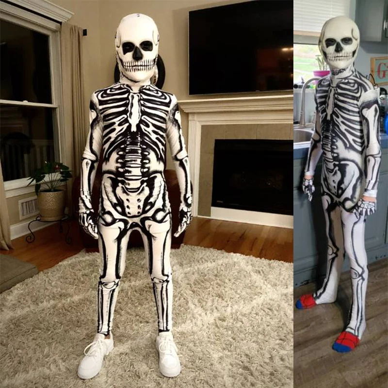 Weißes Skelett Kostüm für Kinder Kapuze Overall Halloween Festival Schädel Zombie Cosplay Zentai Bodysuit Kostüm