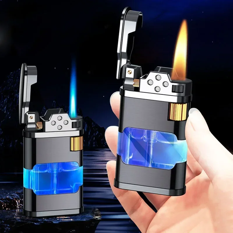 New Transparent Warehouse Flame Gas Lighter Metal Torch Turbo Unusual Creative Windproof Blue Butane Cigar Lighter Men\'s Gadget