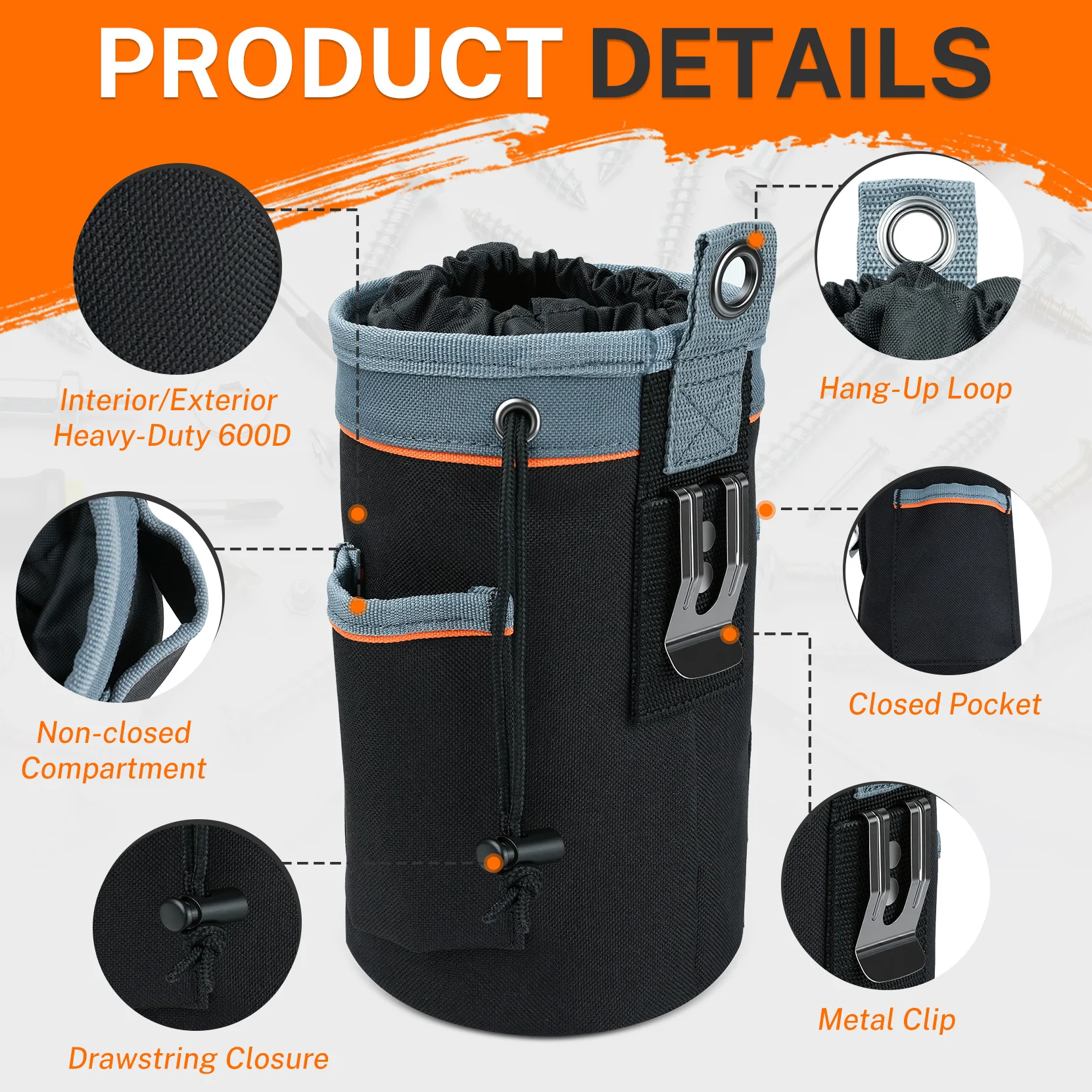 Drawstring Tool Pouch - 2 Sizes | Clip-On Nail, Screw & Bolt Bag | Mini 6″ & Deep 8.75″ for Levels/Tools | Hanging Pouch