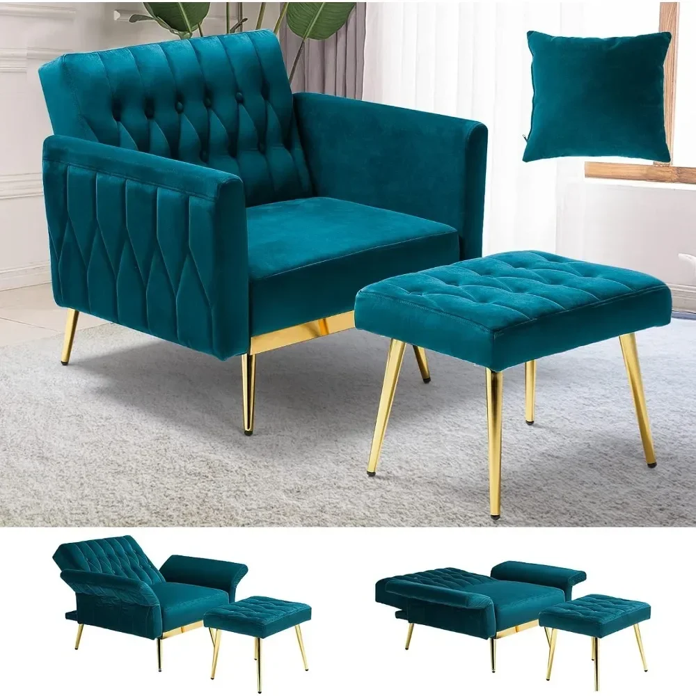 Velvet Accent Chair with Adjustable Armrests and Backrest, Tufted Lounge Chair, Single Recliner Armchair with Ottoman and Pillow