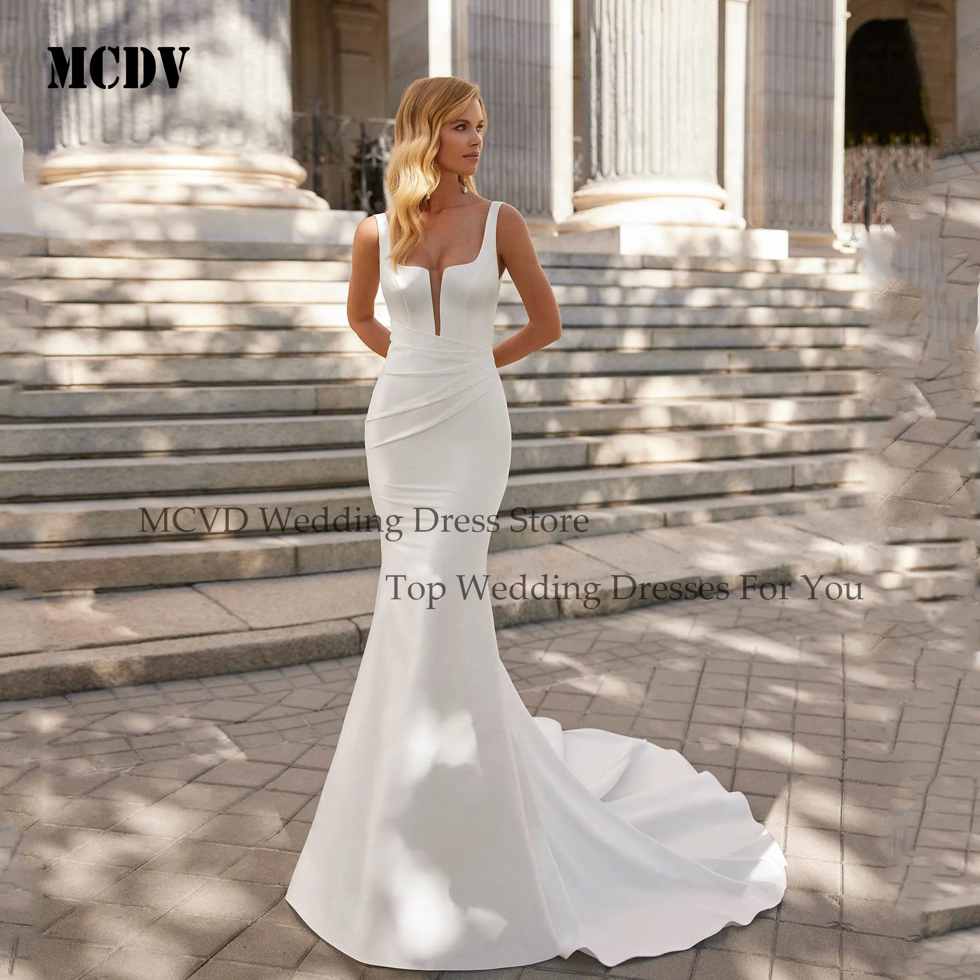 MCDV Satin Mermaid Wedding Dresses for Bride Backless Square Collar Pleats Simple Bridal Gowns Customized Sleeveless Sweep Train