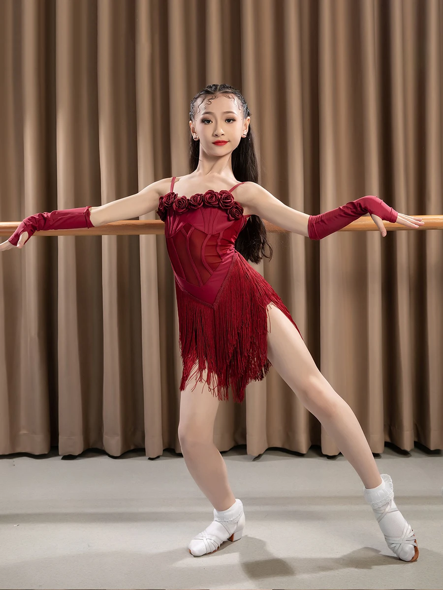 Latin Dance Clothes Girls Performance Costume Red Flower Fringe Dress Practice Wear Kids Cha Cha Rumba Samba Dance Dress NV19926