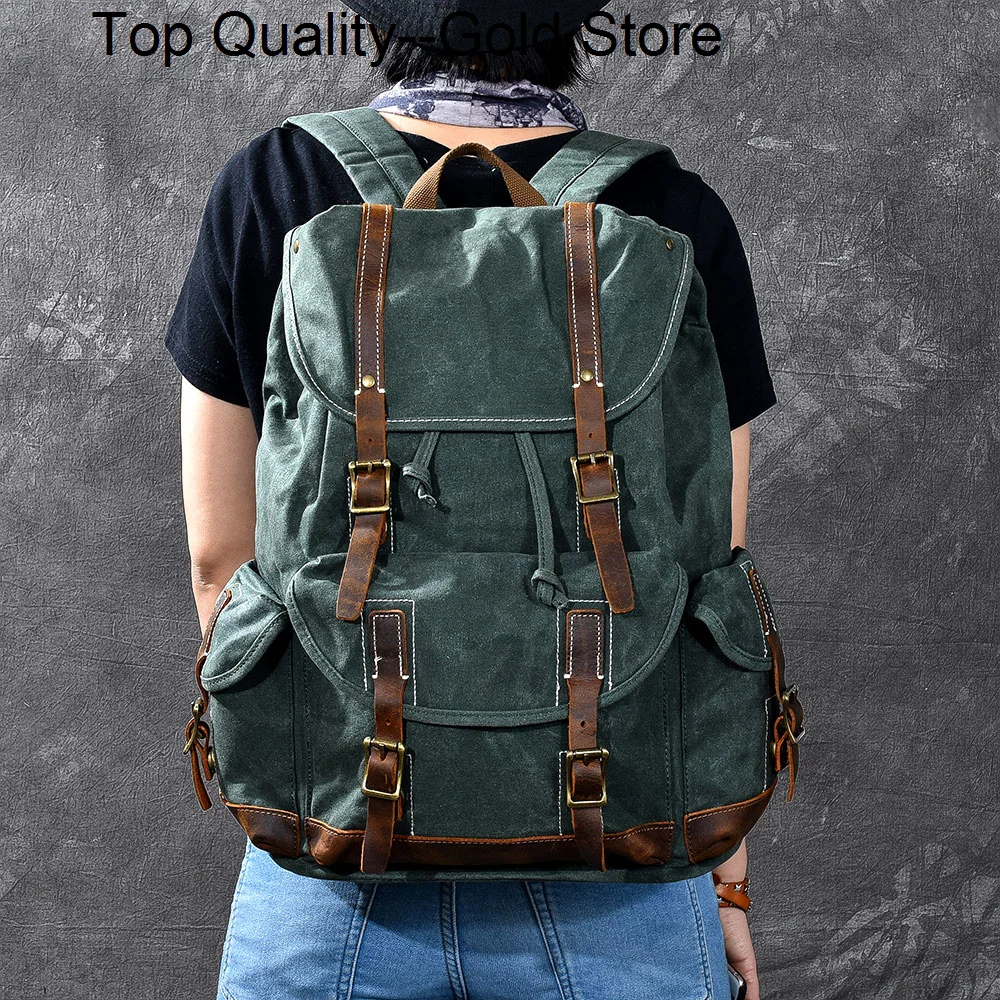 Vintage New men's Waxed Canvas Backpack Mountaineering Oli Leather Women Bagpack waterproof Backpacks large capacity travel Bags