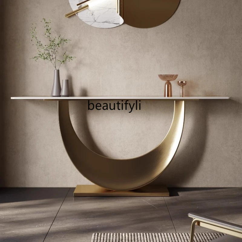 

Легкий роскошный прихожая, современный простой дизайнерский настенный стол из нержавеющей стали с шиферным художественным видом на конце