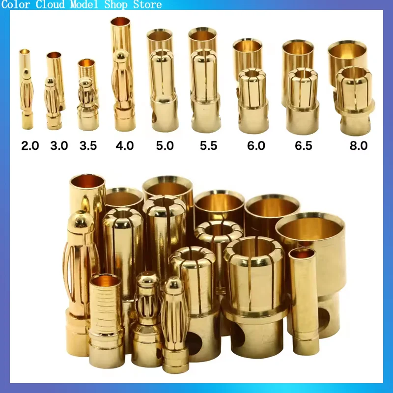 20pcs(10 Pair)/Lot 2.0mm 3.0mm 3.5mm 4.0mm 5.5mm 6.0mm 8.0mm Gold Bullet Banana Connector Plug For Esc Lipo Rc Battery Plugs